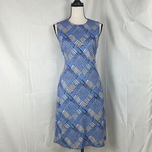 J.McLaughlin Sheath Dress Women XS Blue Geometric Sleeveless Stretch Knit Preppy